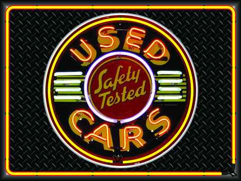 SAFETY TESTED USED CARS Neon Effect Sign Printed Banner 4' x 3'