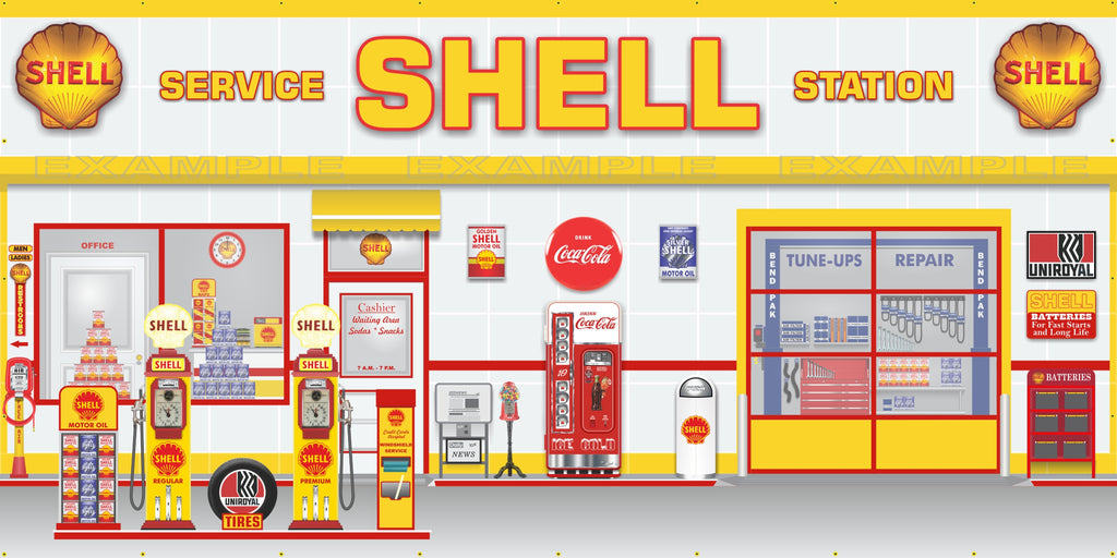 SHELL OLD GAS PUMP GAS STATION SCENE WALL MURAL SIGN BANNER GARAGE ART VARIOUS SIZES