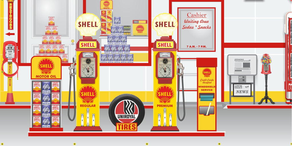 SHELL OLD GAS PUMP GAS STATION SCENE WALL MURAL SIGN BANNER GARAGE ART ...
