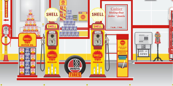 SHELL OLD GAS PUMP GAS STATION SCENE WALL MURAL SIGN BANNER GARAGE ART VARIOUS SIZES