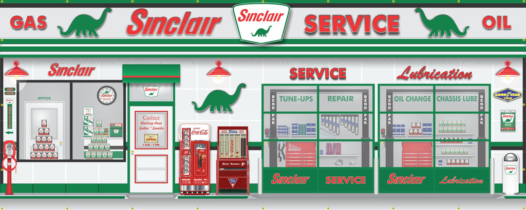 SINCLAIR DINO OLD GAS STATION SCENE WALL MURAL SIGN BANNER GARAGE ART CUSTOM 8' X 20'