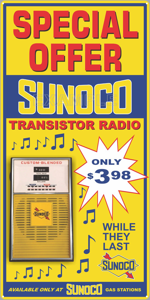 SUNOCO GAS STATION TRANSISTOR RADIO SPECIAL PROMO OLD SIGN REMAKE ALUMINUM CLAD SIGN VARIOUS SIZES