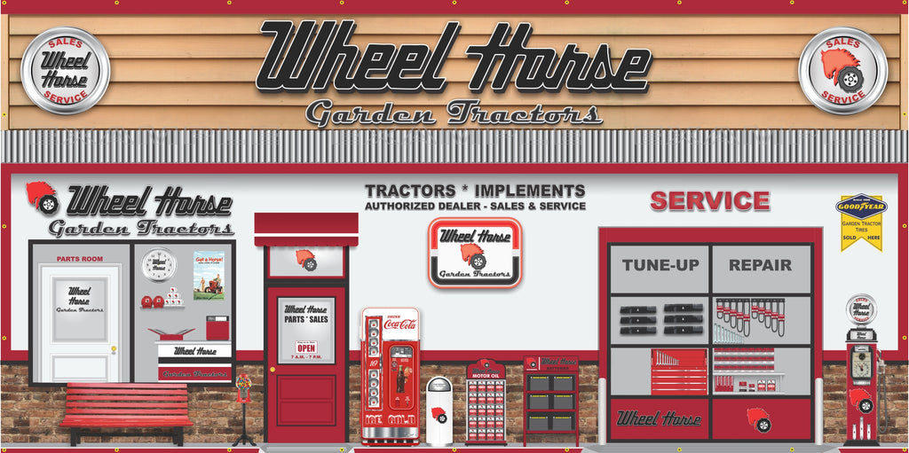 WHEEL HORSE GARDEN TRACTORS SALES PARTS SERVICE DEALERSHIP RETRO SCENE WALL MURAL SIGN BANNER GARAGE ART VARIOUS SIZES