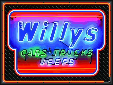 WILLYS CARS TRUCKS JEEPS DEALER Neon Effect Sign Printed Banner 4' x 3'